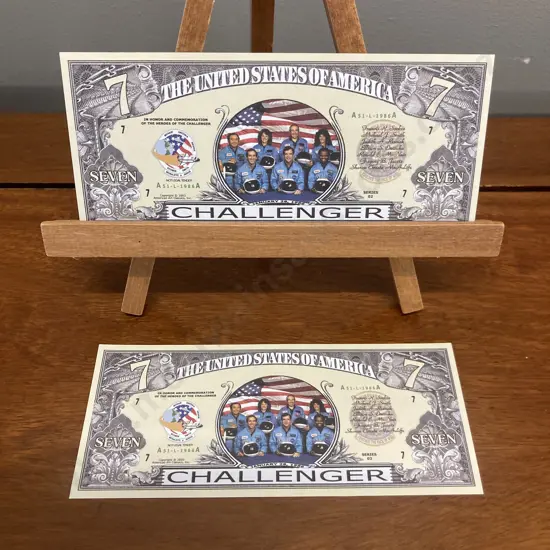 Pair of Space Shuttle Challenger Seven Dollar Novelty Bills